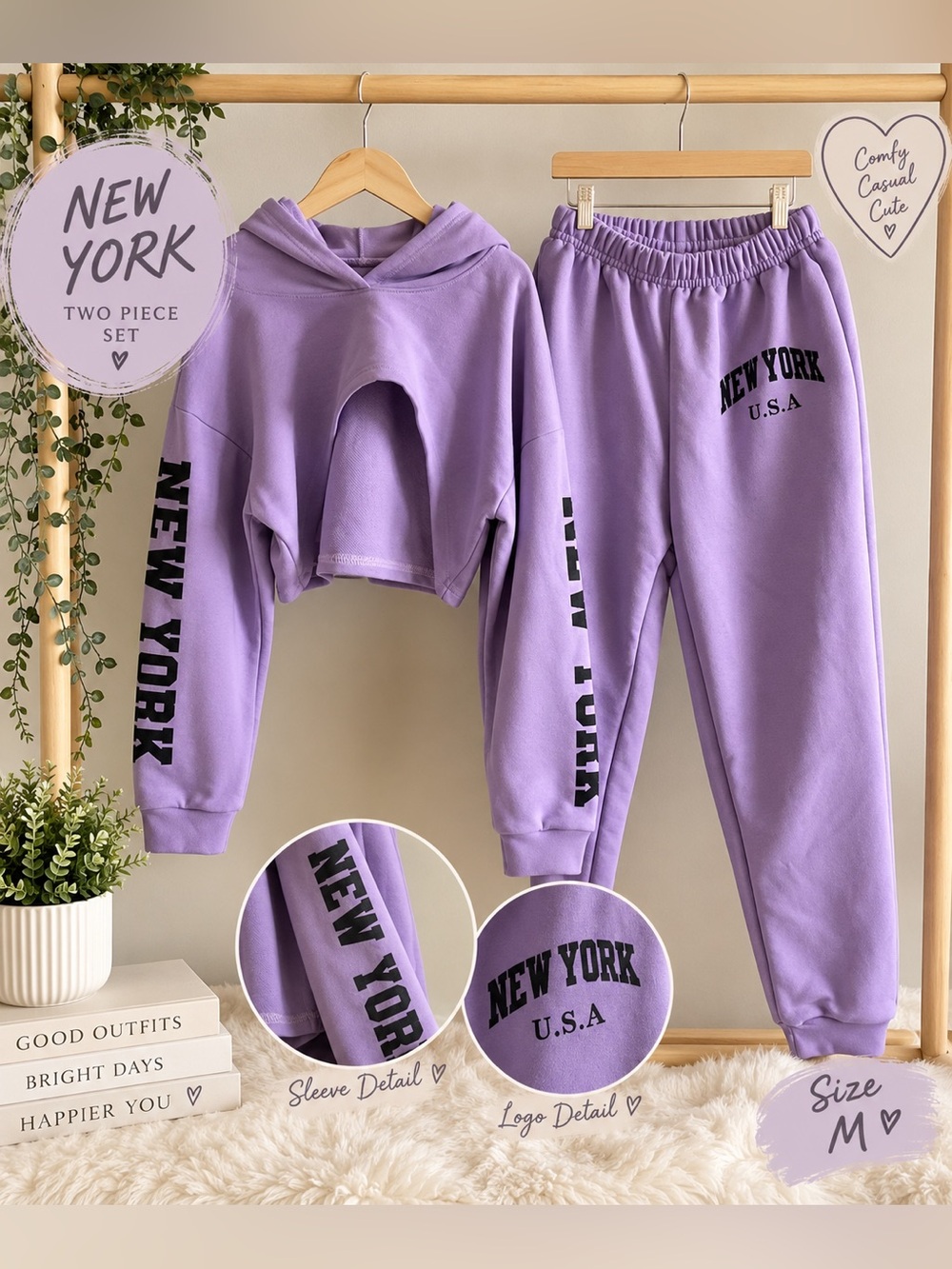 Kids Purple New York USA Cropped Hoodie & Jogger Set | 2 Piece Lounge Set